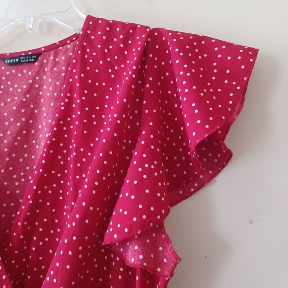 Shein XL Faux Wrap Surplice‎ VNeck Ruffle Tier Red Polka Dots Tie Waist Casual - Picture 7 of 8